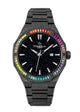 A shining, steeled legacy of British engineering, this boutique frosted black watch showcases a razor-sharp edge and unrivaled grace. The rainbow-prism bezel and star-flecked face offer an electric thrill for the wearer, marking it as a formidable, London-born treasure.
