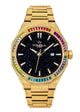 Gold watch with a blue face and colorful gemstones frosted fished