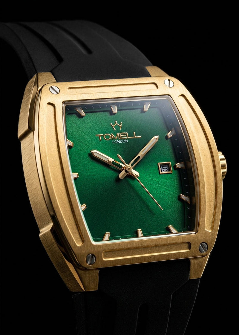 Gold-framed watch with green face and black strap