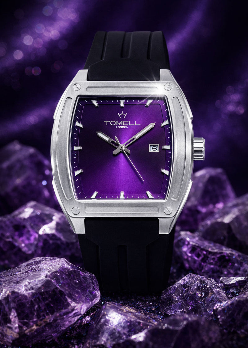 Watch with a purple face and black rubber strap for men style 