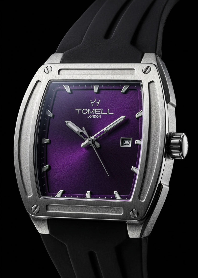 Close-up of Tomell London 365 Purple Ocean stardust dial with Arabic numerals and rainbow bezel, sapphire crystal glass independent British watch brand