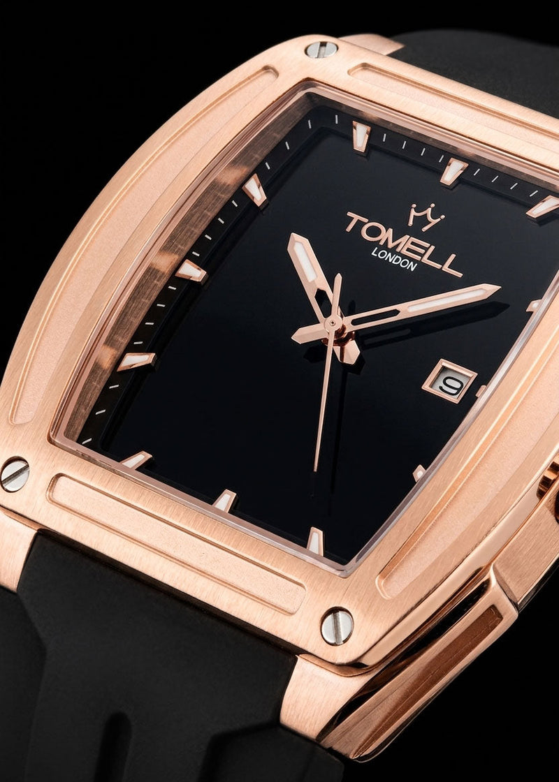 Rose gold watch with black face and Tomell London branding on a black background