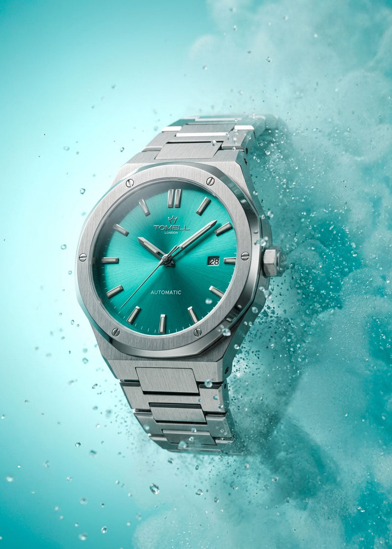 Supreme Aqua watch close-up aqua dial sapphire crystal UK – Tomell London.