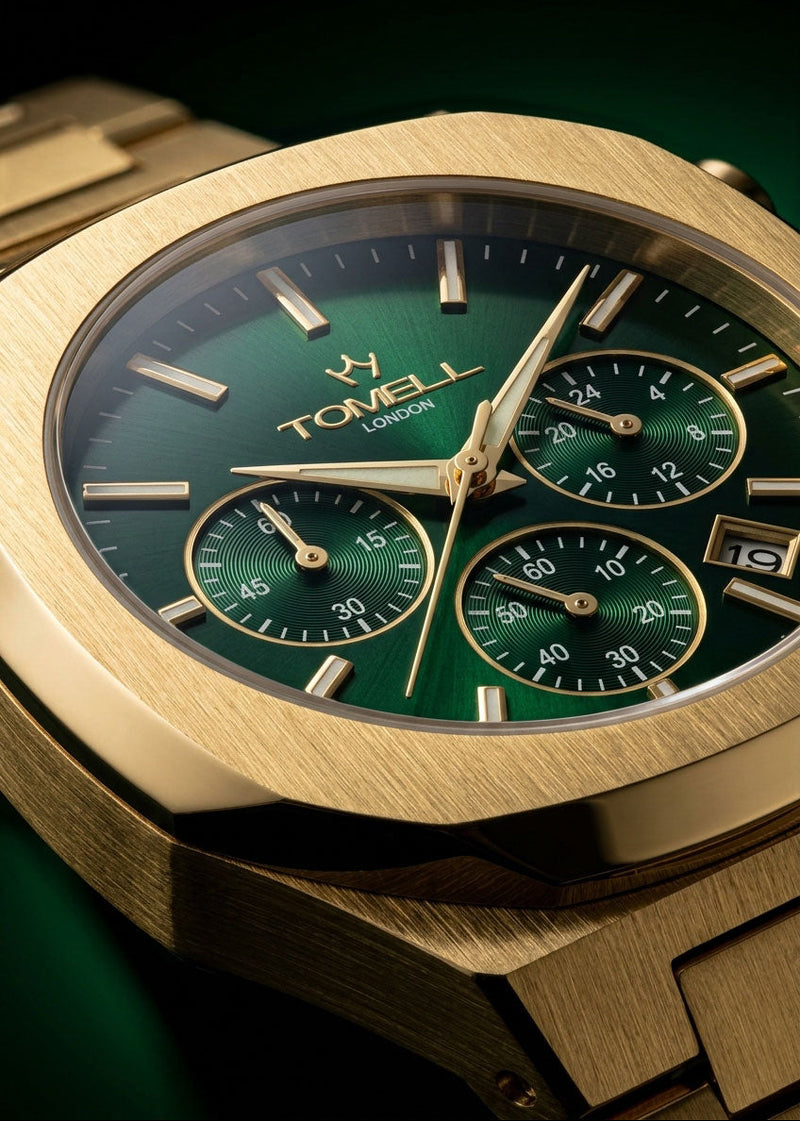 Buy Green Rubin Motorsport gold chronograph watch UK emerald green dial side view – Tomell London