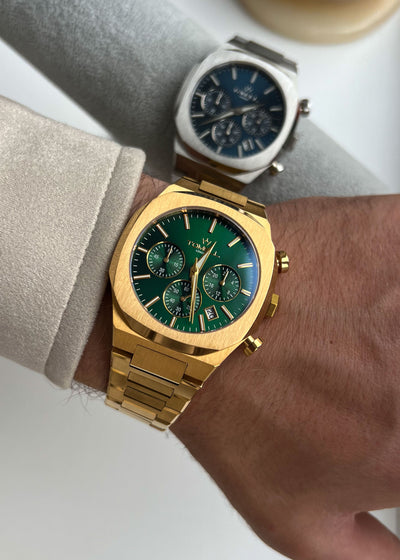 Gold watch with green face