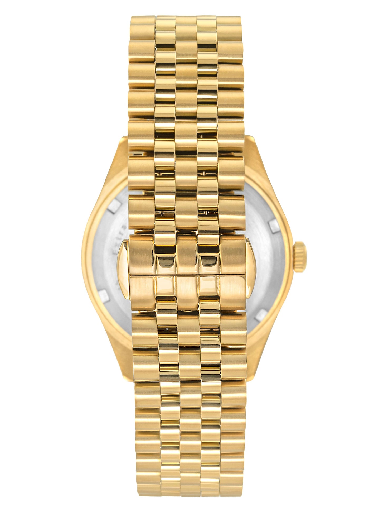 The polished stainless steel back of the gold watch case, showing the "14 Moments" engraving.