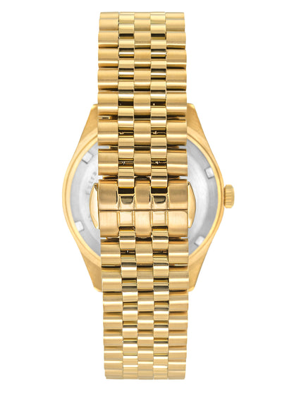 The polished stainless steel back of the gold watch case, showing the "14 Moments" engraving.