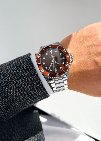 Silver watch for men with brown dial 