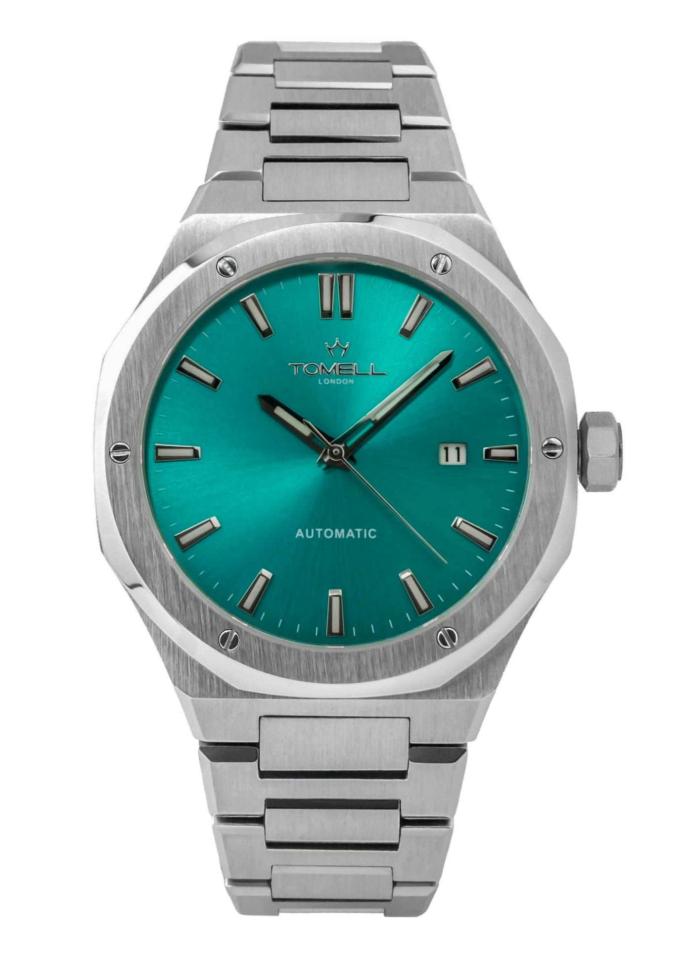 Silver watch with a aqua face 