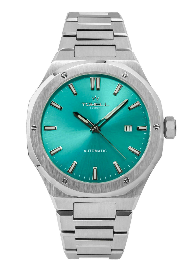 Silver watch with a aqua face 
