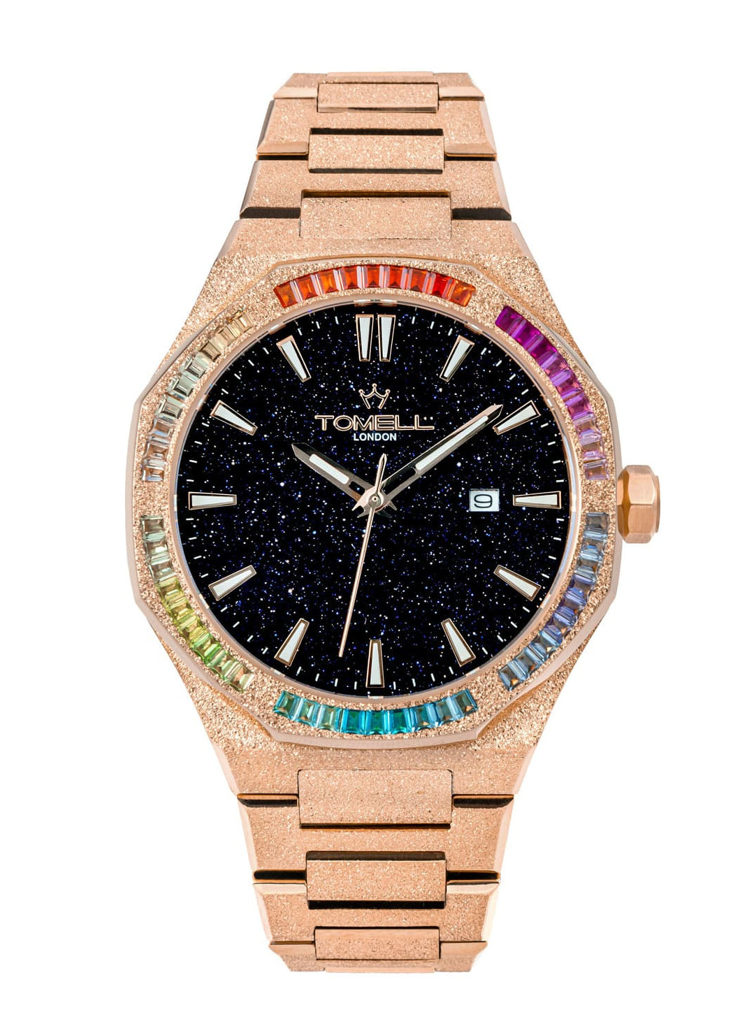 Rose gold watch with a BLUE face and colorful gemstones 