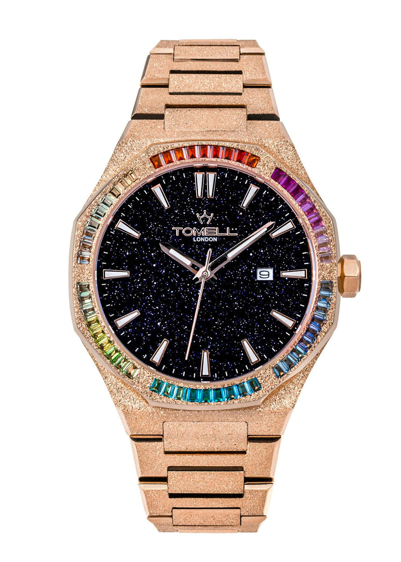 Luxury watch with rose gold band and colorful rainbow and frosted finished 