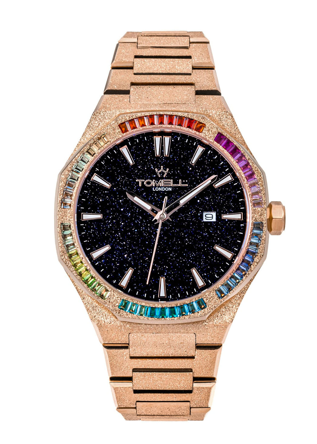 Luxury watch with rose gold band and colorful rainbow and frosted finished 