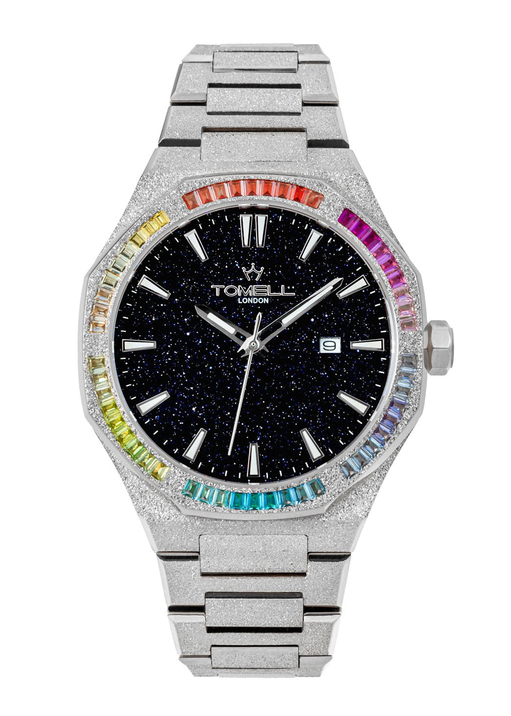 Silver watch with blue stardust face and colorful gemstones on a white background