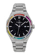 Tomell London 365 Rainbow Edition Silver watch with iridescent rainbow bezel, stardust dial and Japan movement, luxury British independent watch brand