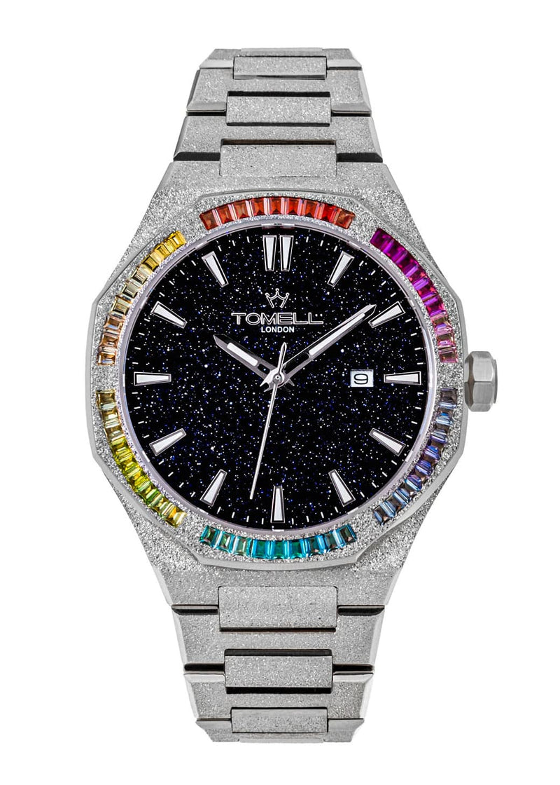 Silver watch with blue face and colorful gemstones frosted finished 