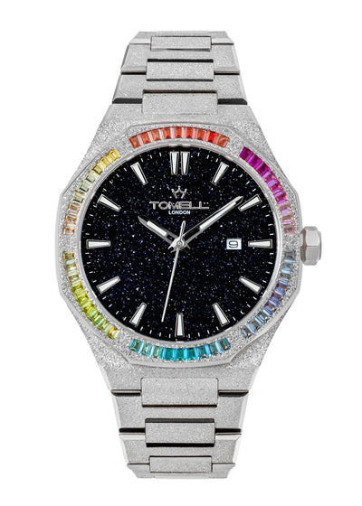 Silver watch with blue stardust face and colorful gemstones on a white background