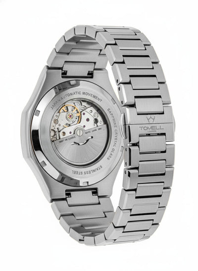 Silver watch with visible mechanical components on a white background