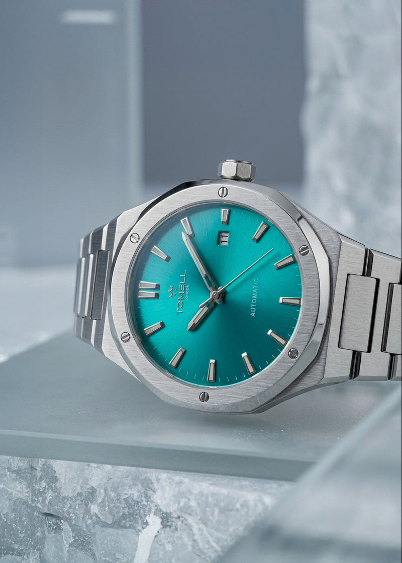 Buy Supreme Aqua automatic watch UK aqua blue dial silver case packaging – Tomell London