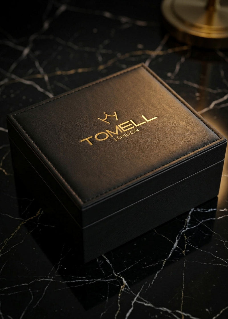 Tomell London luxury gift packaging flat lay, British independent watch brand, premium branded box with sapphire crystal watch