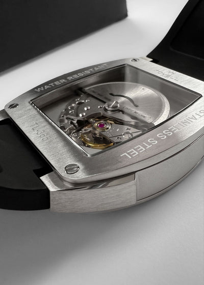 Close-up of a watch mechanism with Water Resistant automatic movement watch 