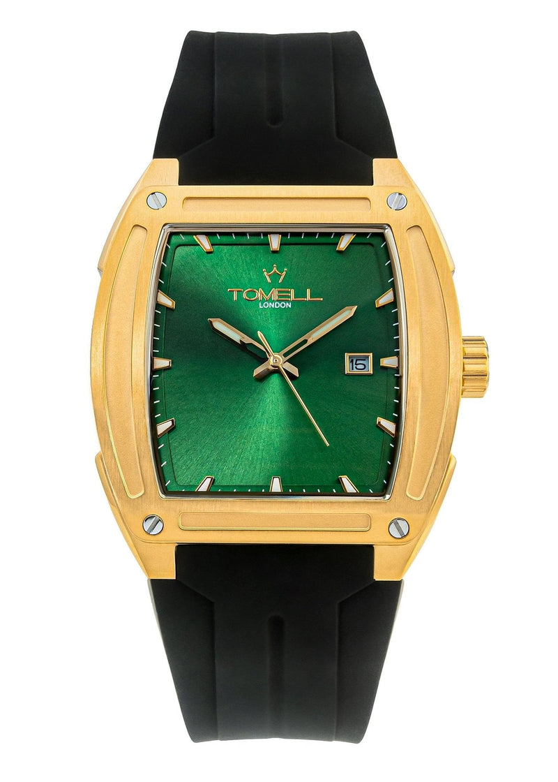 Watch with green face, gold case, and black strap