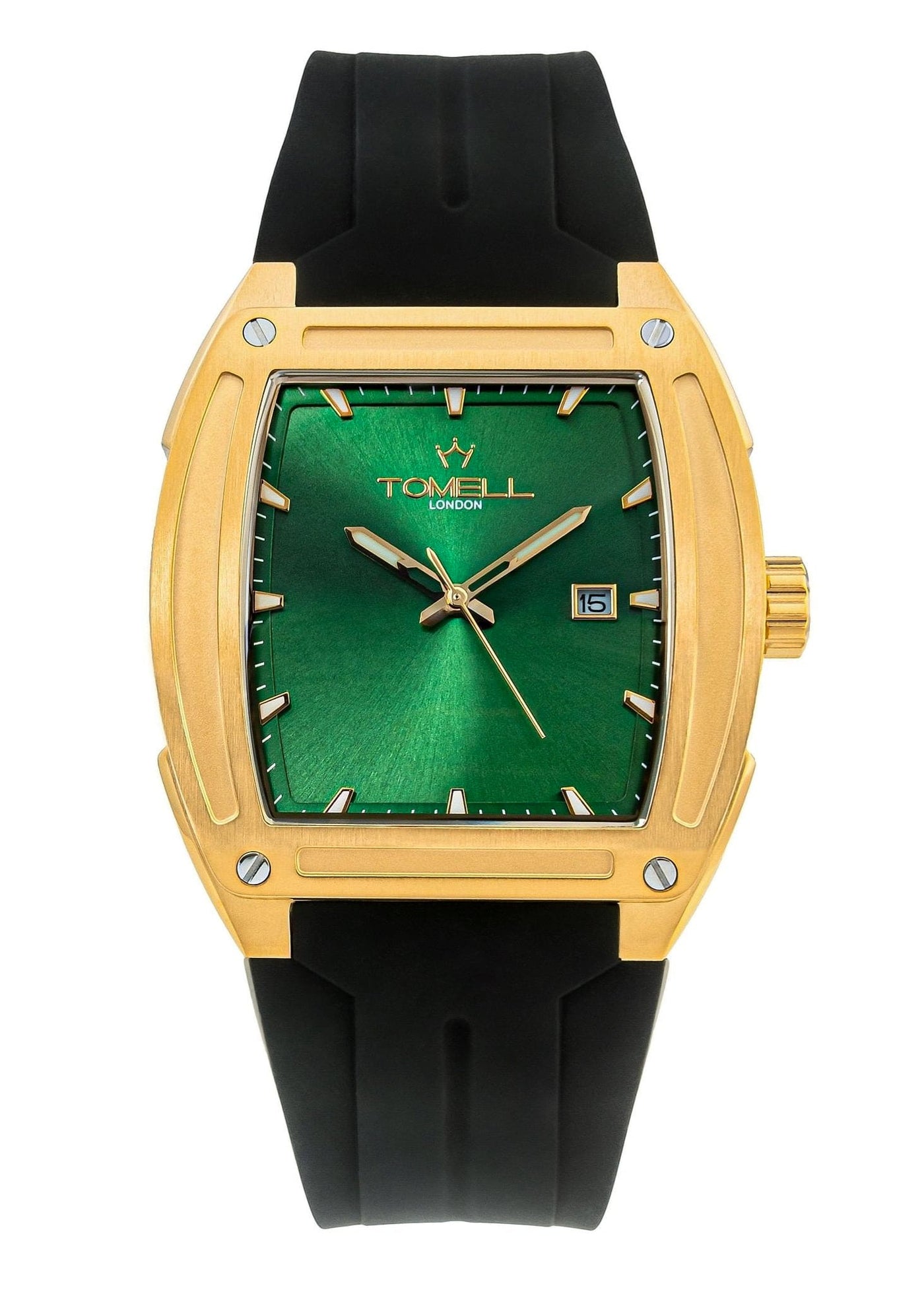 Watch with green face, gold case, and black strap