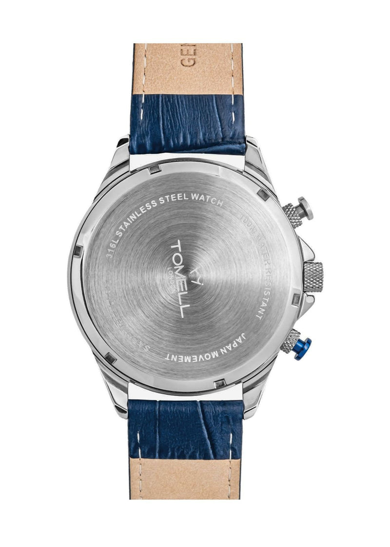 Silver watch with blue leather strap 