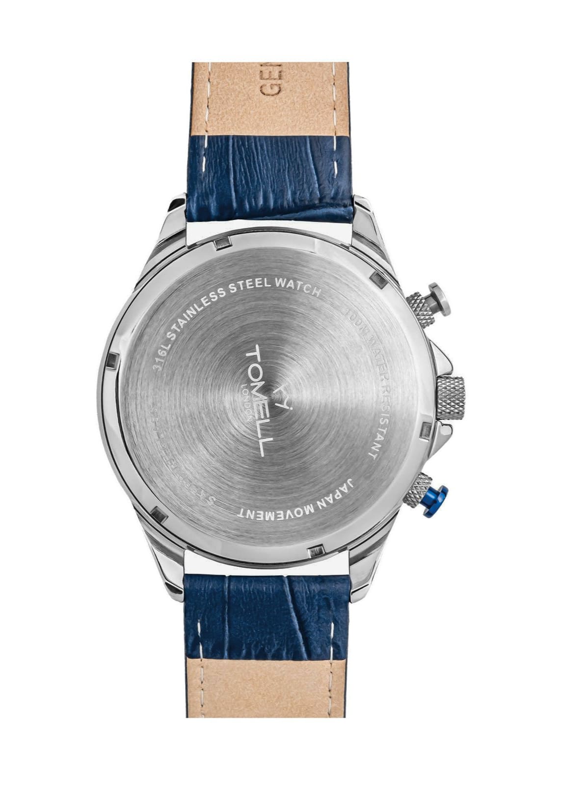 Silver watch with blue leather strap 
