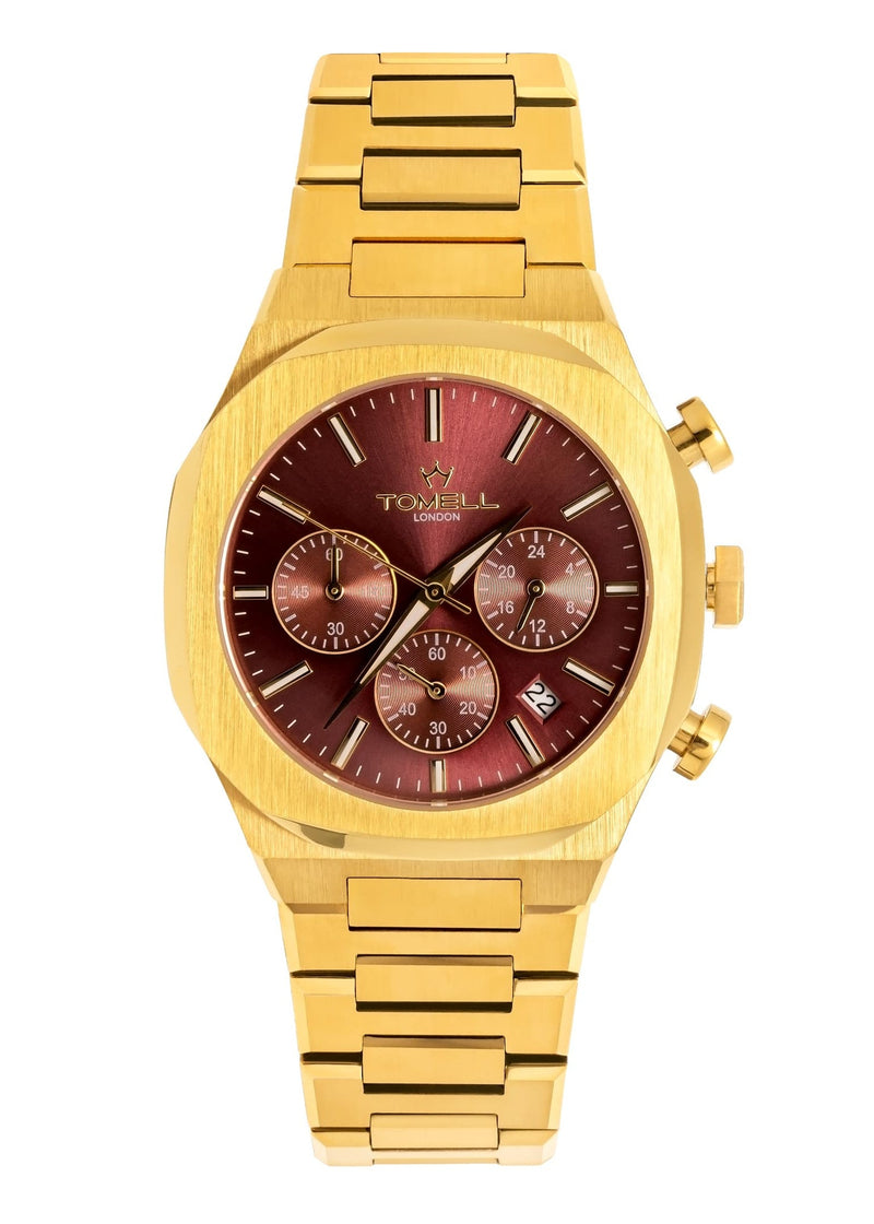 Gold watch with a red face tomell london brand 