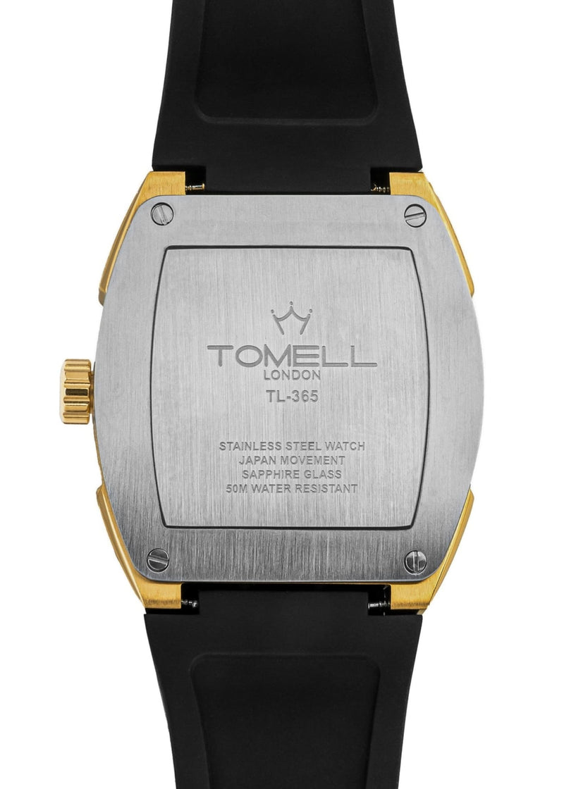 Tomell London watch with black strap and gold accents.