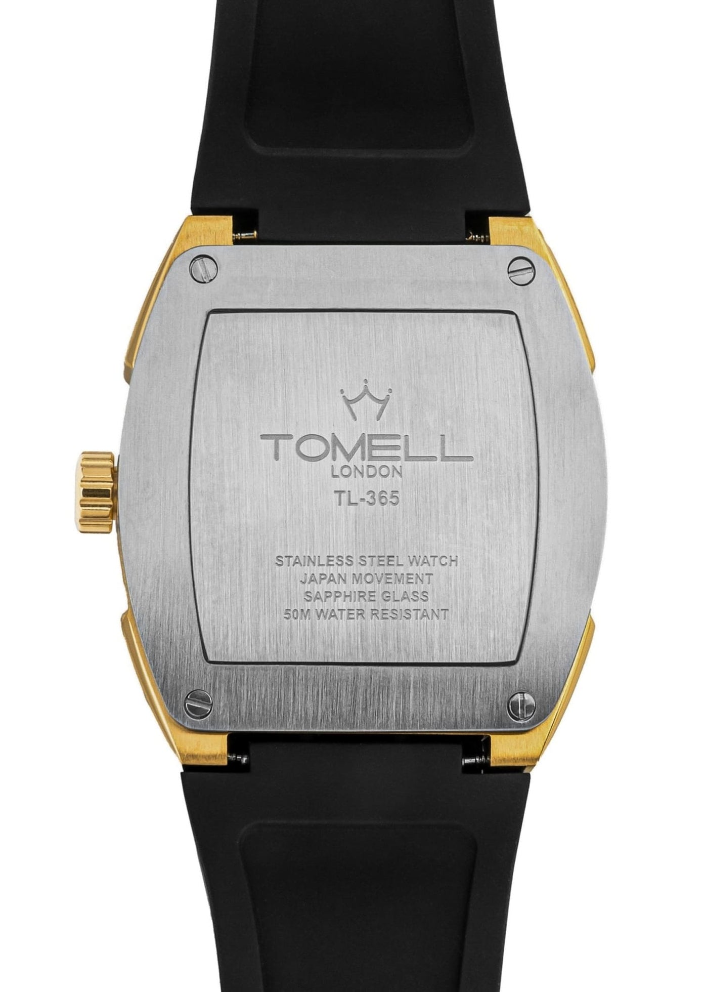 Tomell London watch with black strap and gold accents.
