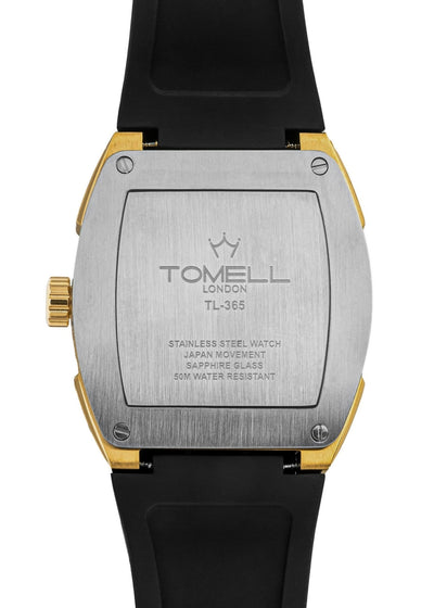 Tomell London watch with black strap and gold accents.