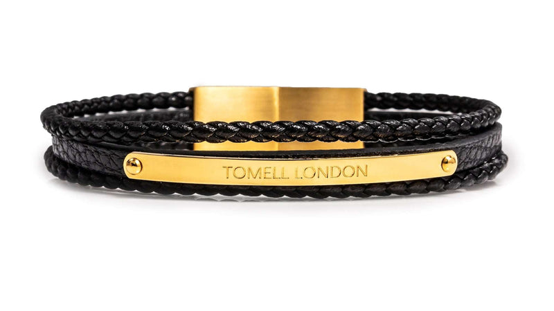 Tomell London CAIRO bracelet. Gold-tone stainless steel clasp and leather wrist jewellery for men.