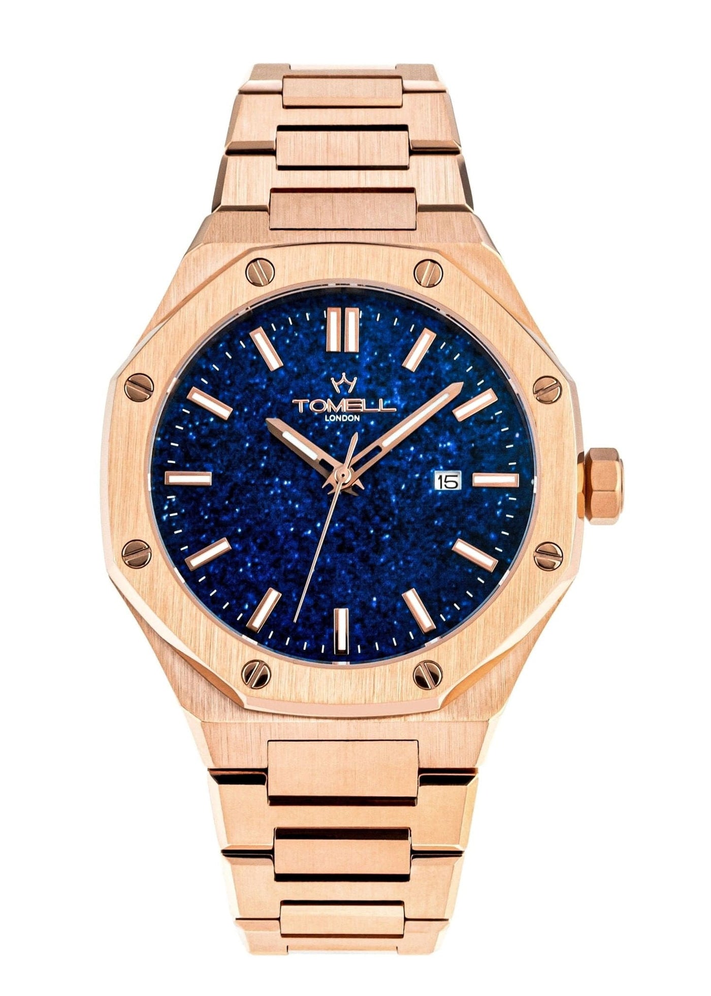 Rose gold watch with blue face 