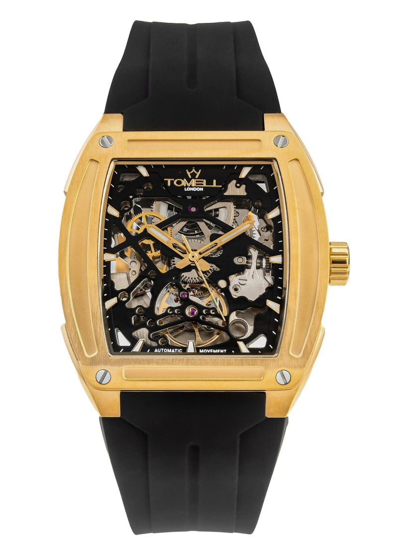 Gold and black watch with visible brand name Tomell London