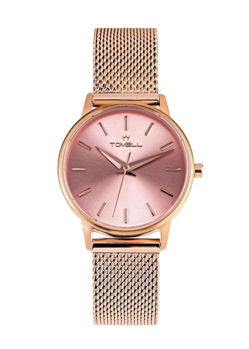 Rose gold watch with pink dial and mesh strap 