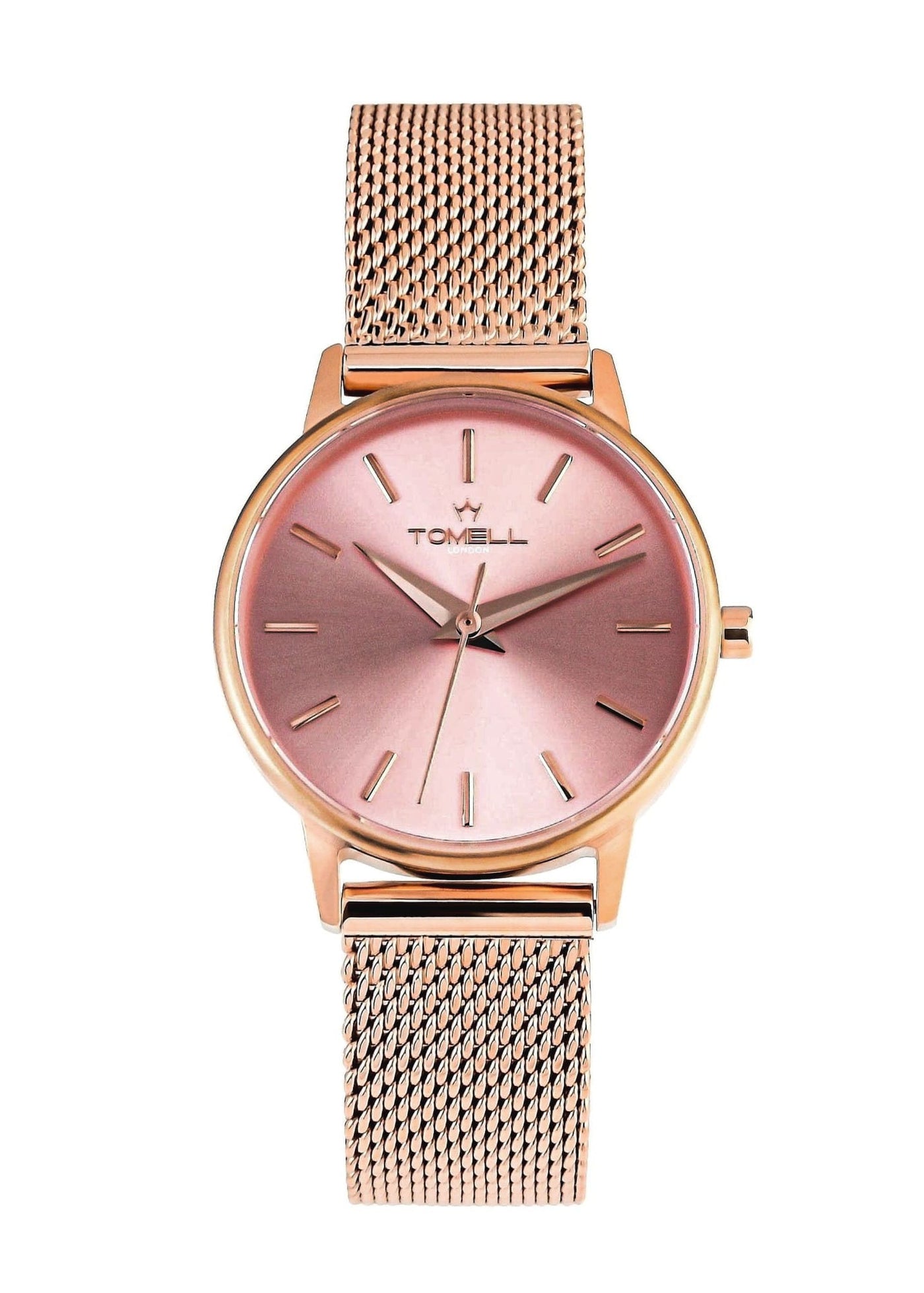 Rose gold watch with pink dial and mesh strap 