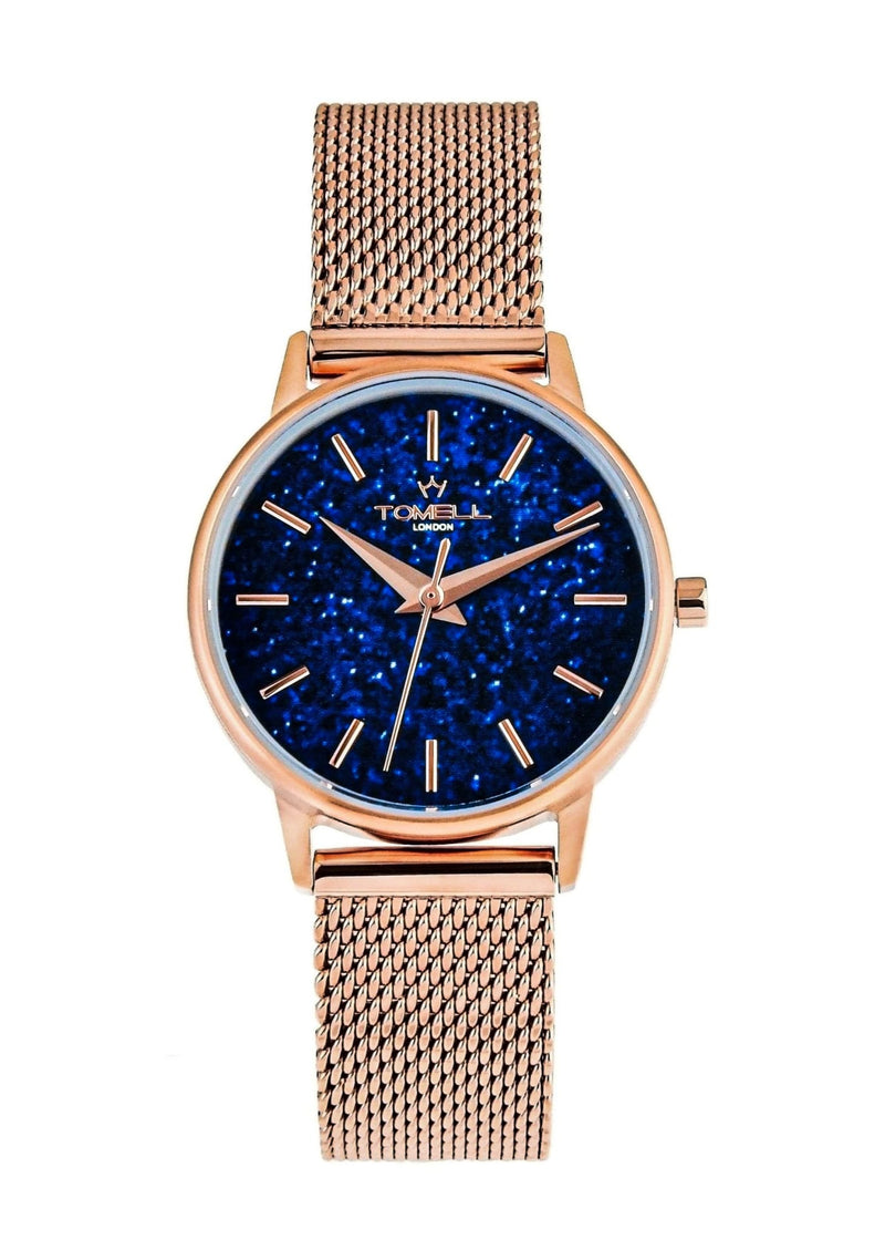 Wristwatch with rose gold mesh band and blue face 