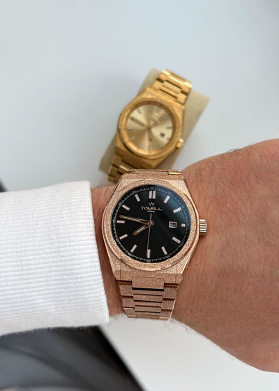 Frosted Rose Gold watch with black dial 