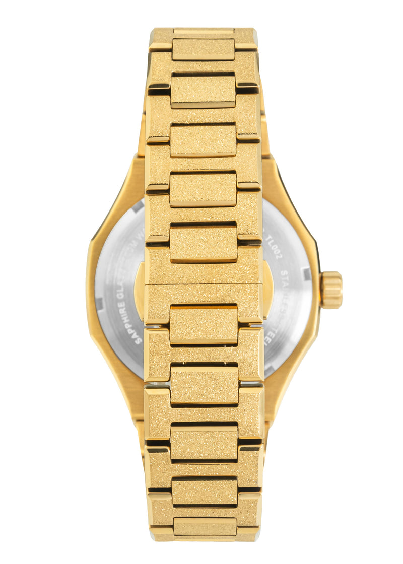 Weighted luster of a 316L stainless steel case on a gemstone dial watch