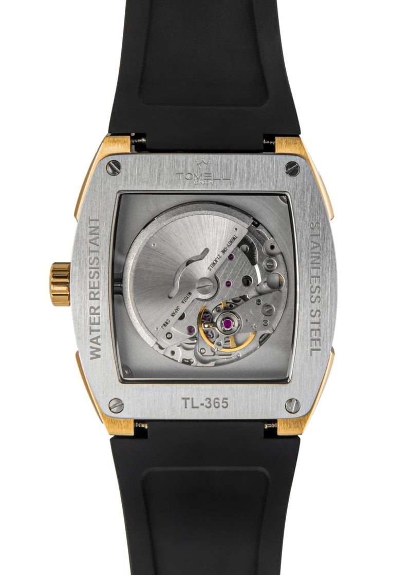 Watch with black strap and silver case automatic movement