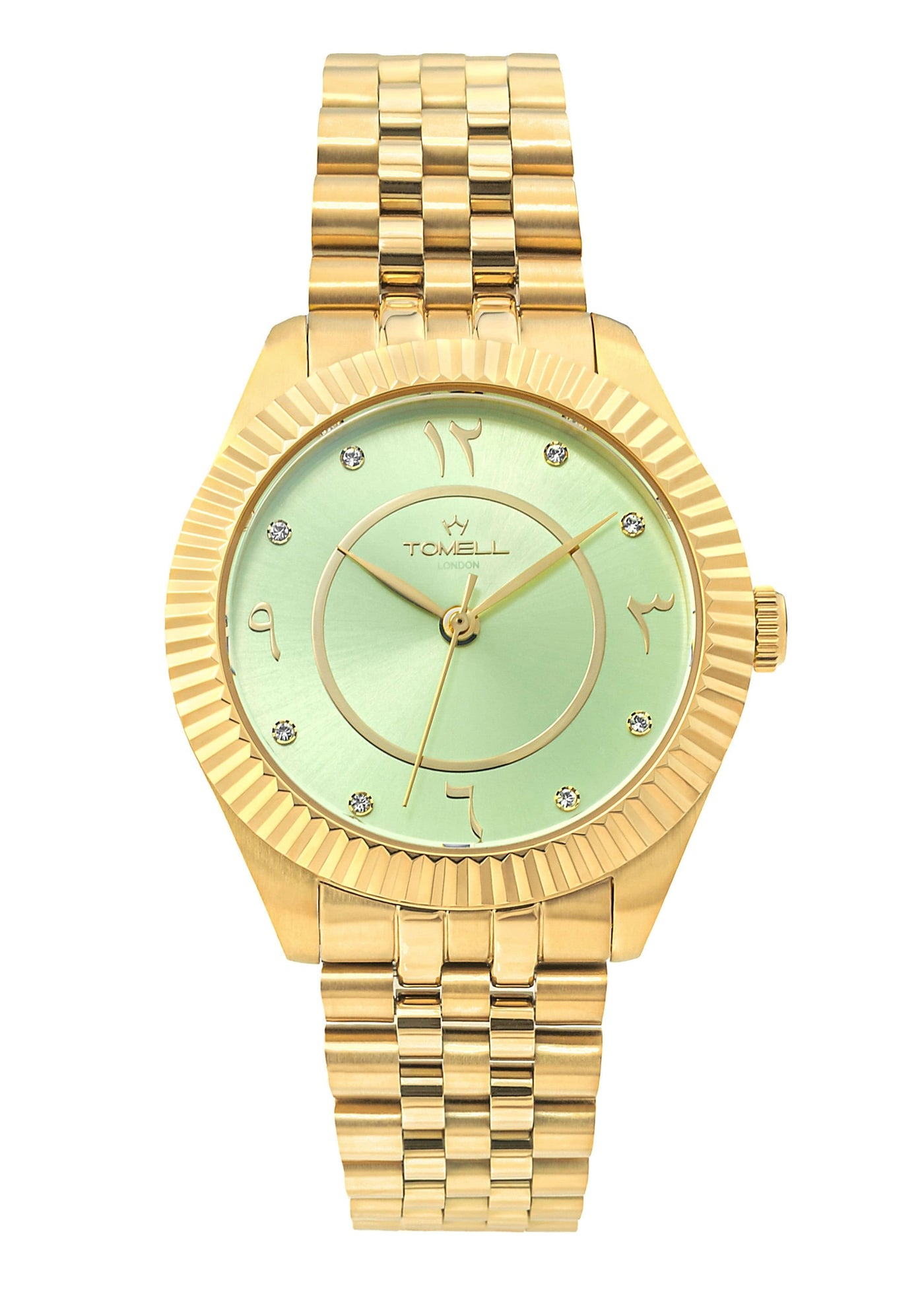 Polished gold watch with a striking mint green dial and clear Arabic hour markers.