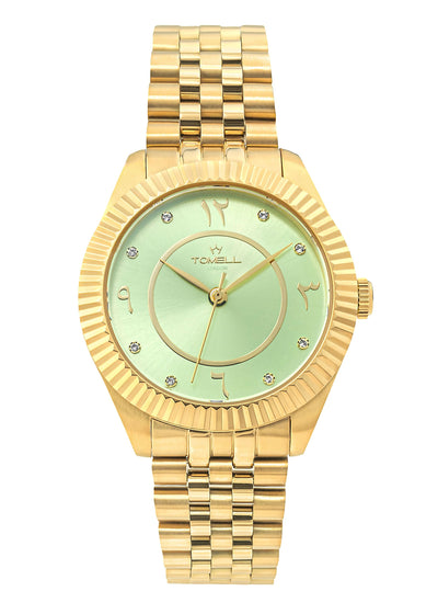 Polished gold watch with a striking mint green dial and clear Arabic hour markers.
