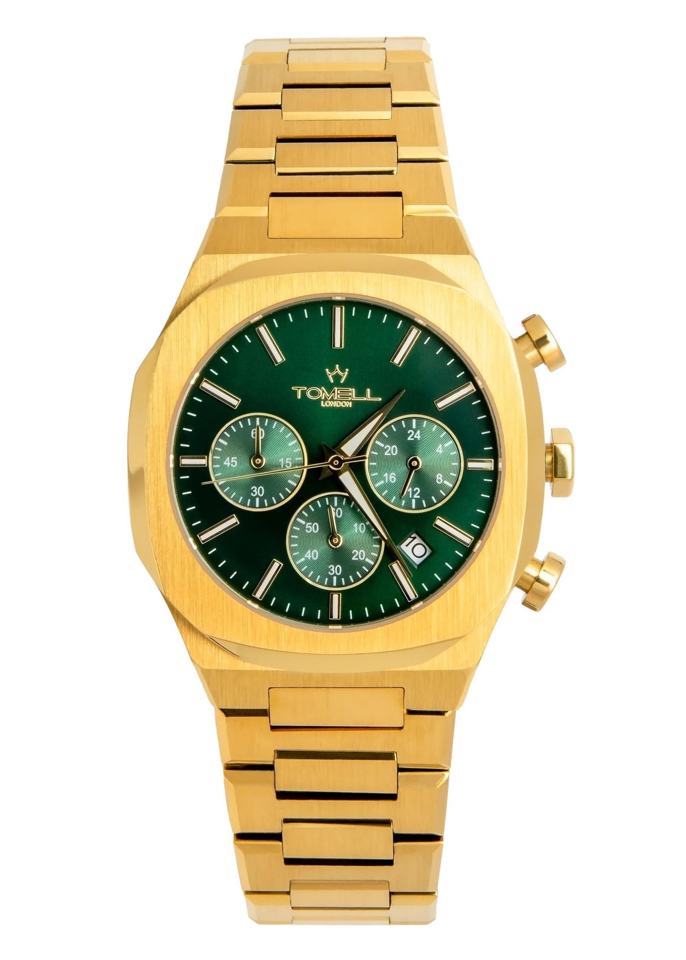 Gold watch with a green face, Green Rubin from motorsport collection Tomell London Brand bestselling timepiece 