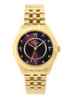 Polished gold women's wristwatch featuring a rich, deep aubergine-colored dial.