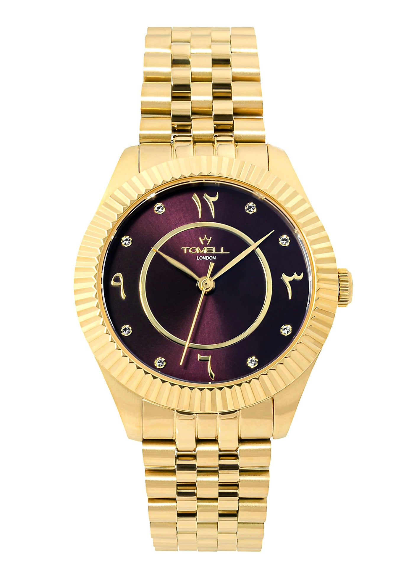 Polished gold women's wristwatch featuring a rich, deep aubergine-colored dial.