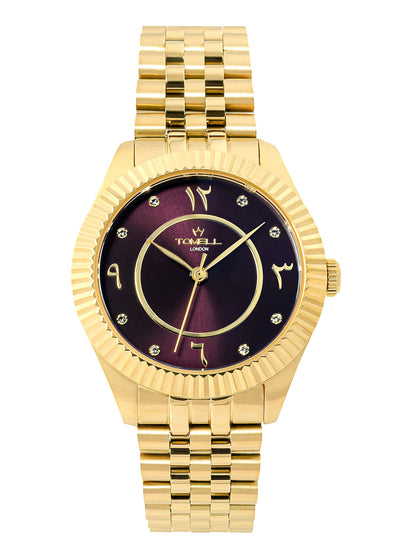 Polished gold women's wristwatch featuring a rich, deep aubergine-colored dial.