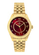 Elegant gold women's watch featuring a round dial with clear Arabic numerals.