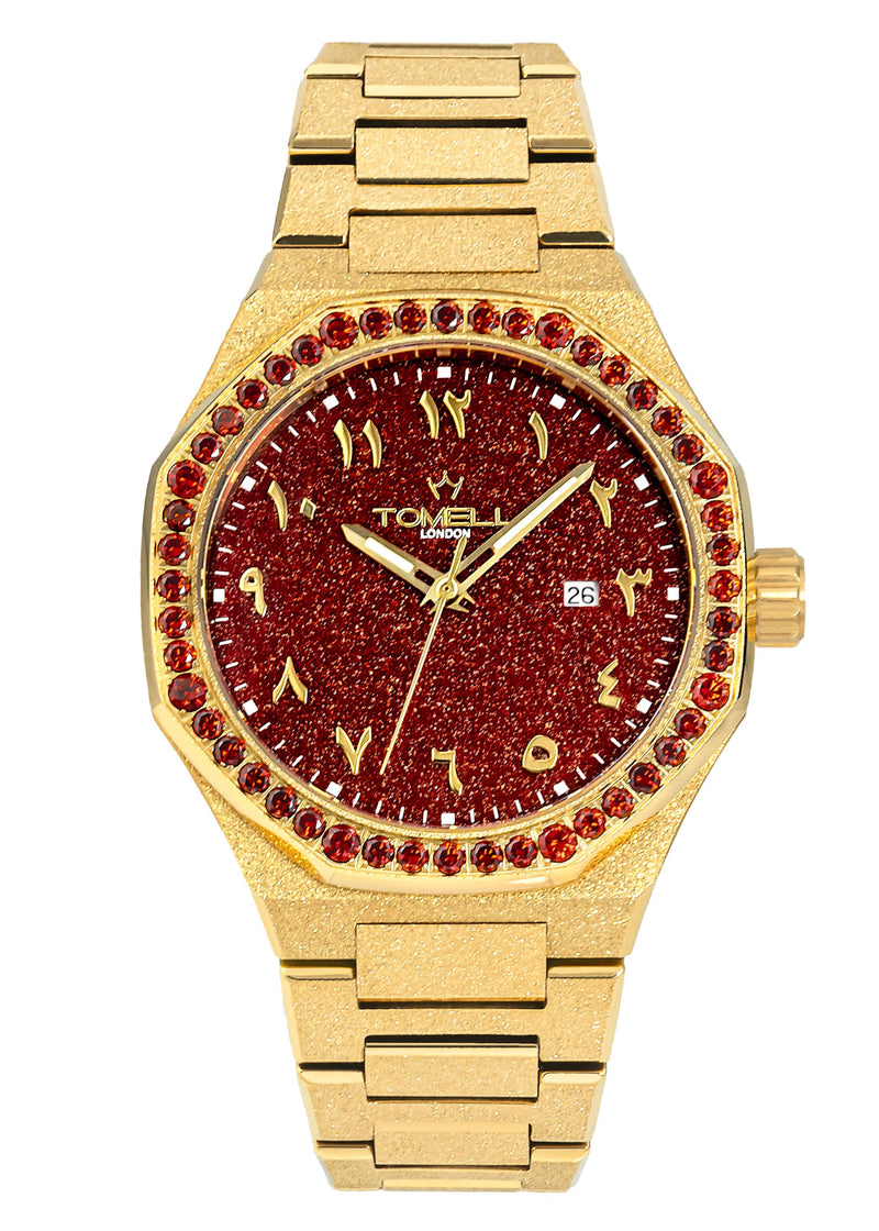 Tomell London Ruby Starfall gold watch with crimson dial and gemstone bezel